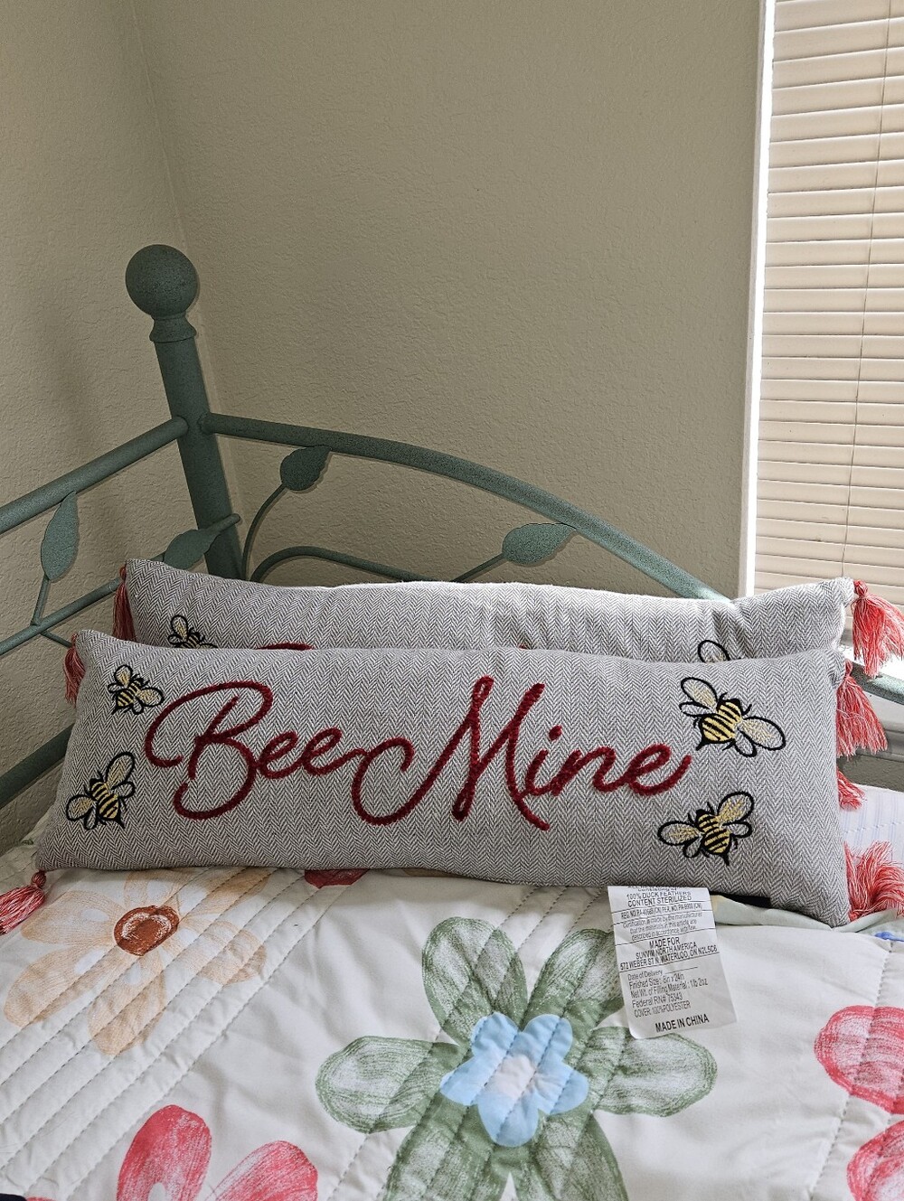 Rachael Ray 'Bee Mine' Embroidered Lumbar Pillow in Gray and Red